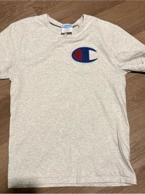 Vintage Champion Men’s  Light Gray Short Sleeve Tee with Red & Blue Patch Logo